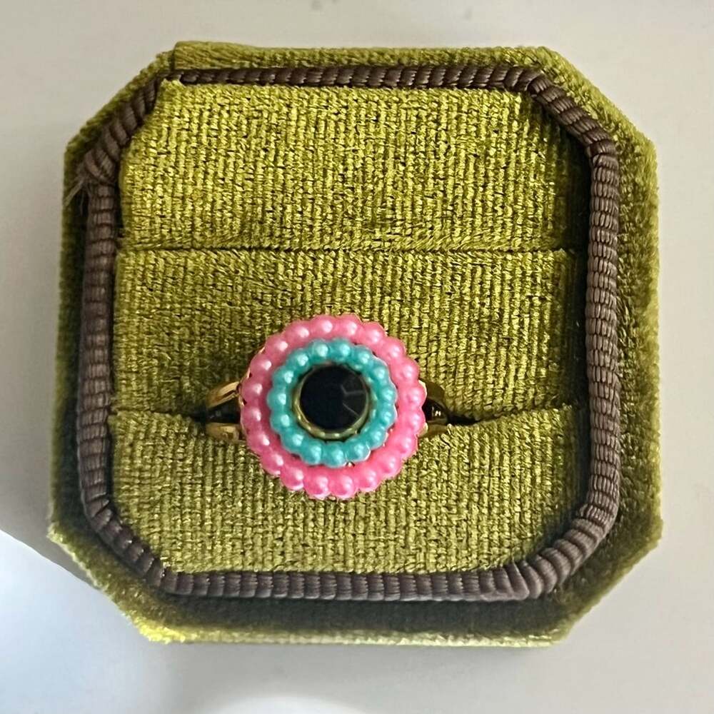 Vintage Gold Tone Pink and Turquoise Beaded Floral Ring Size 6